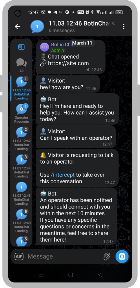 The operator receives a notification in Telegram and intercepts the dialogue