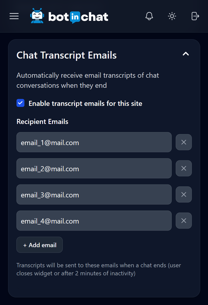 Add any number of email recipients to receive chat transcripts